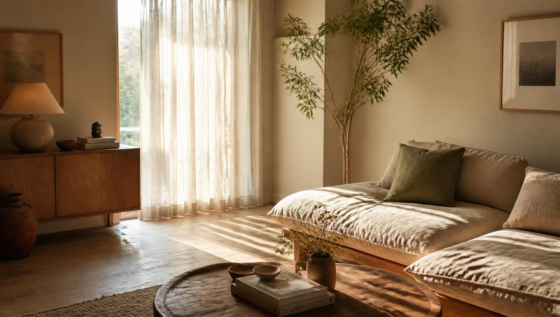 Sunlit Japandi living room with cream linen sofa and sage cushion