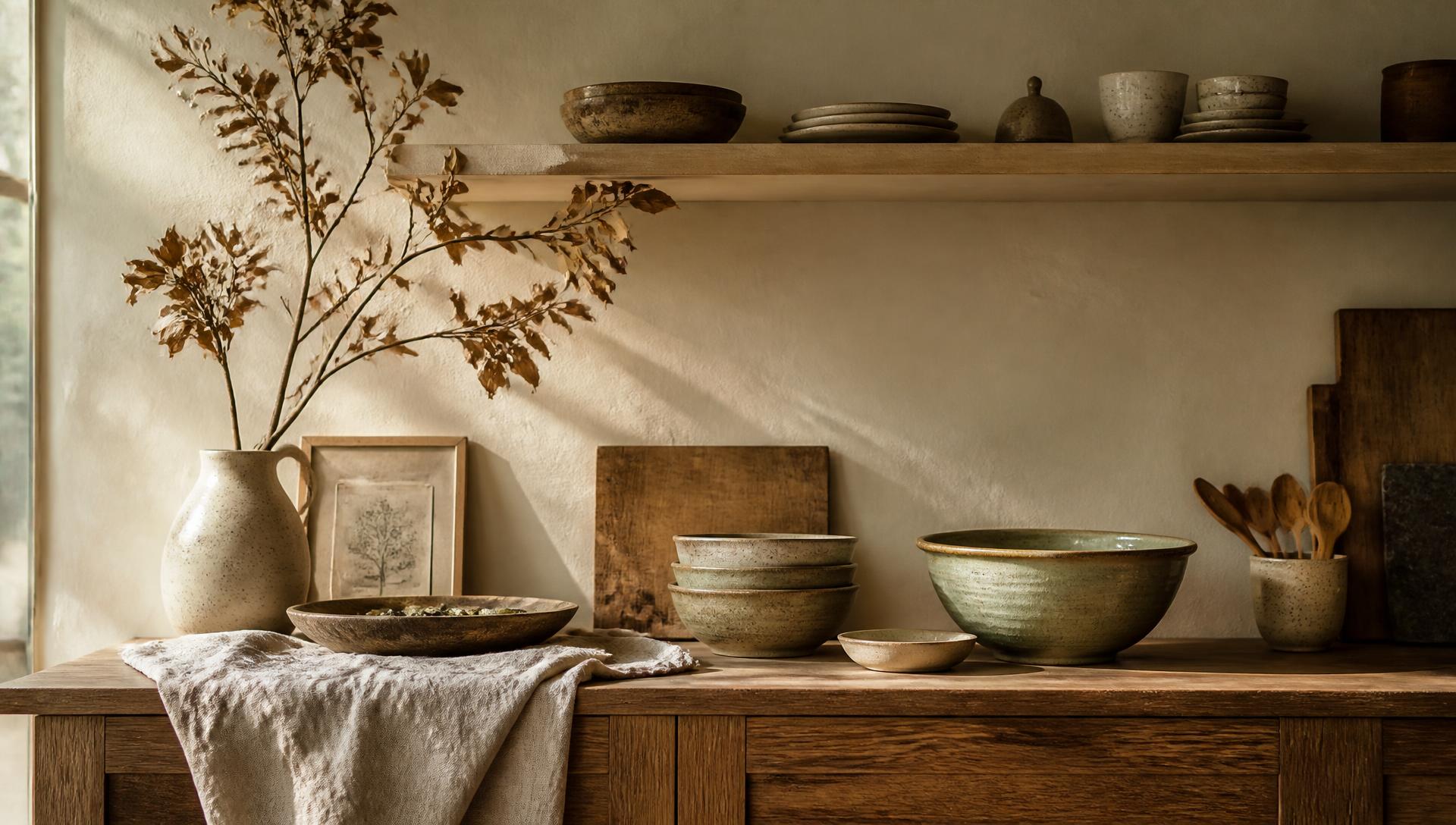 Stoneware bowls and a dried branch on an oak sideboard in warm afternoon light