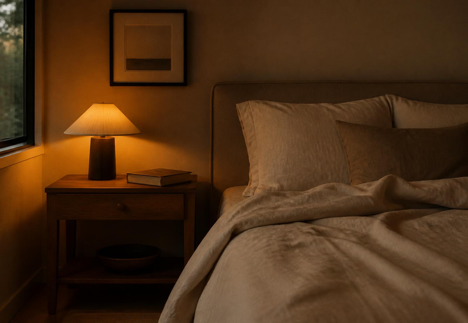 Bedroom corner at dusk with a warm amber lamp and linen bedding