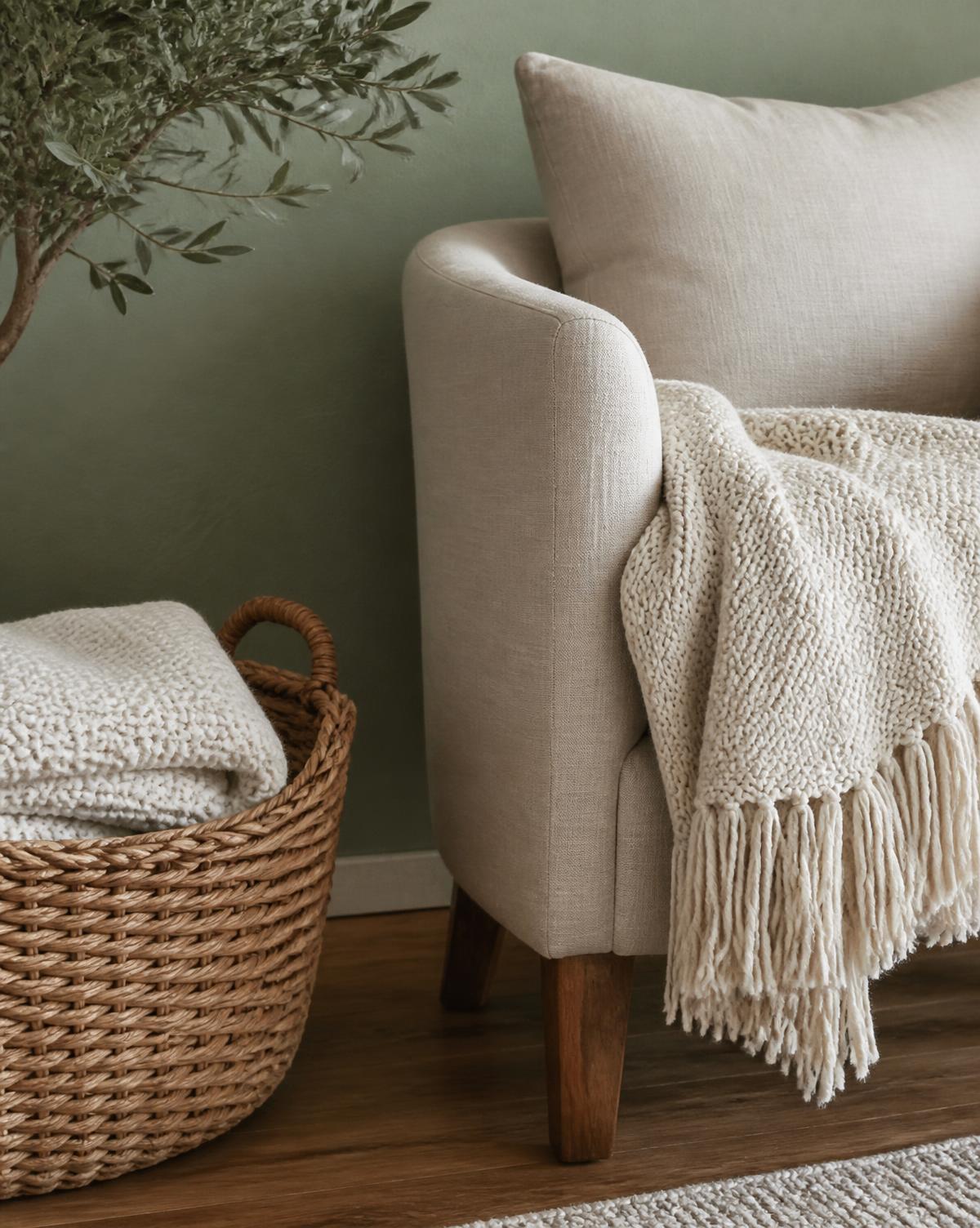 Cream knit throw over a linen armchair beside a woven basket