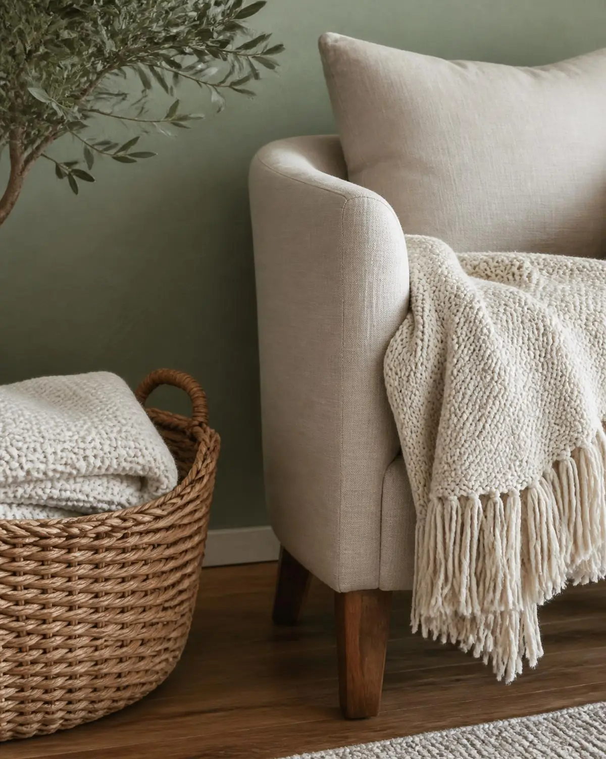Cream knit throw over a linen armchair beside a woven basket
