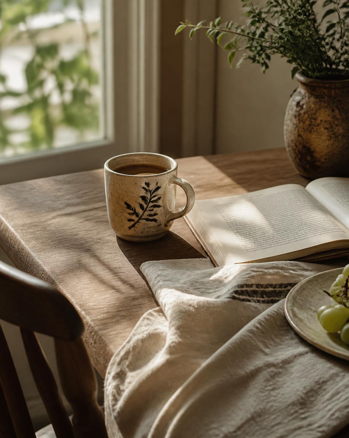 Ceramic mug and an open book on a sunlit oak table