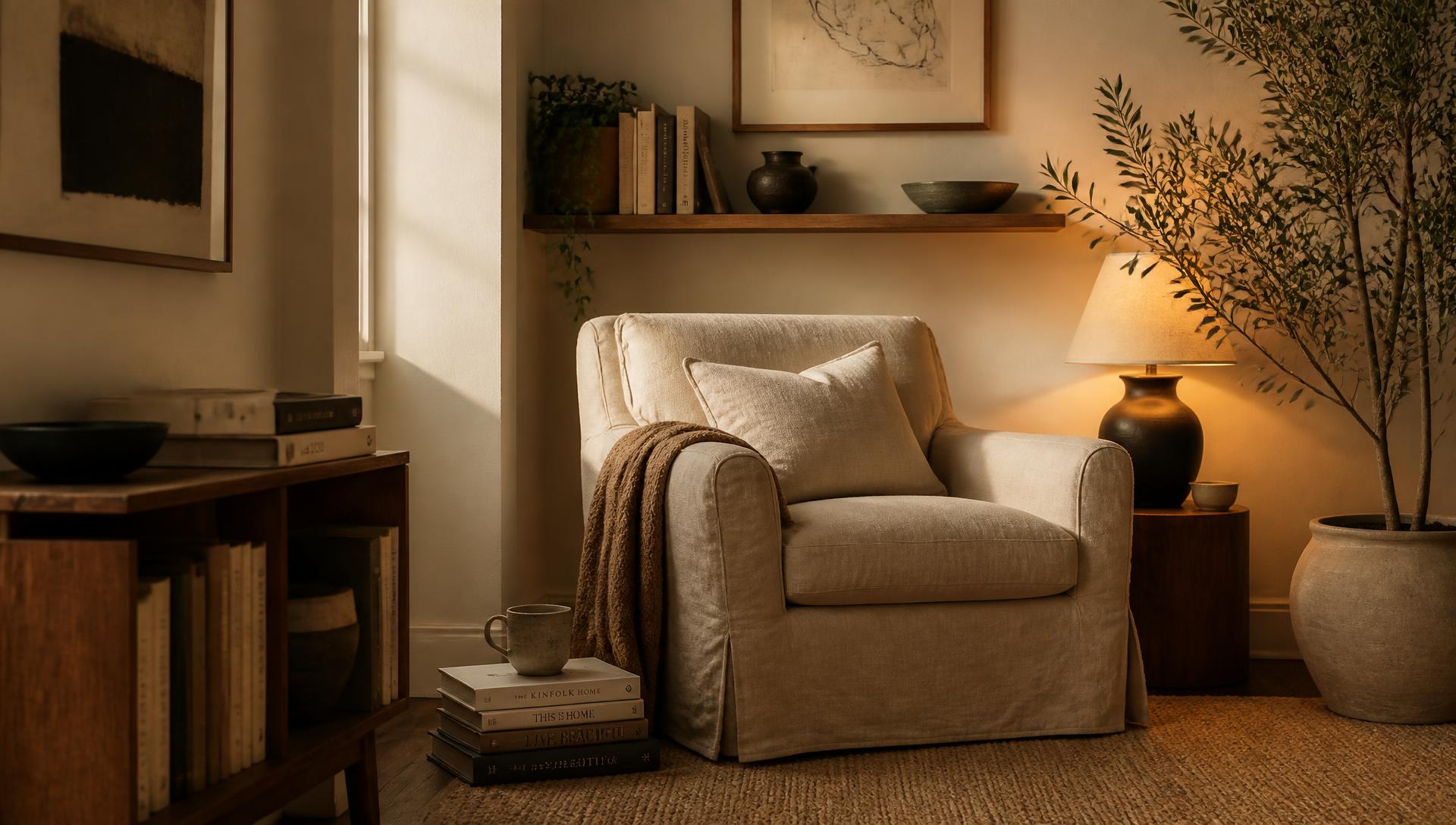 Cozy reading corner with a linen armchair, books, ceramics and warm lamp light