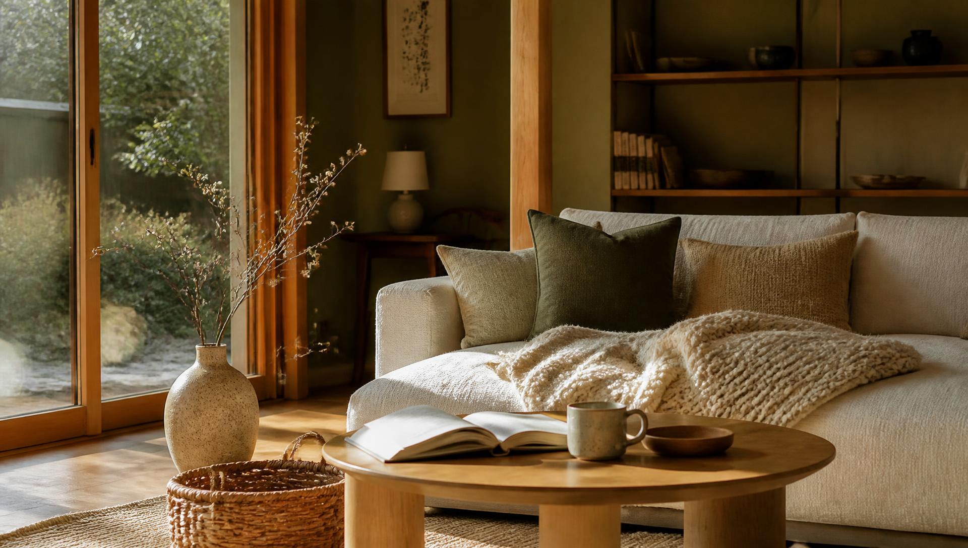 Sunlit Japandi living room with cream linen sofa and oak coffee table