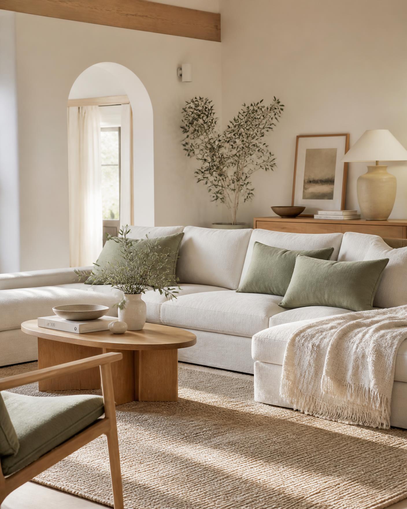 Warm cream living room with sage cushions and light oak furniture