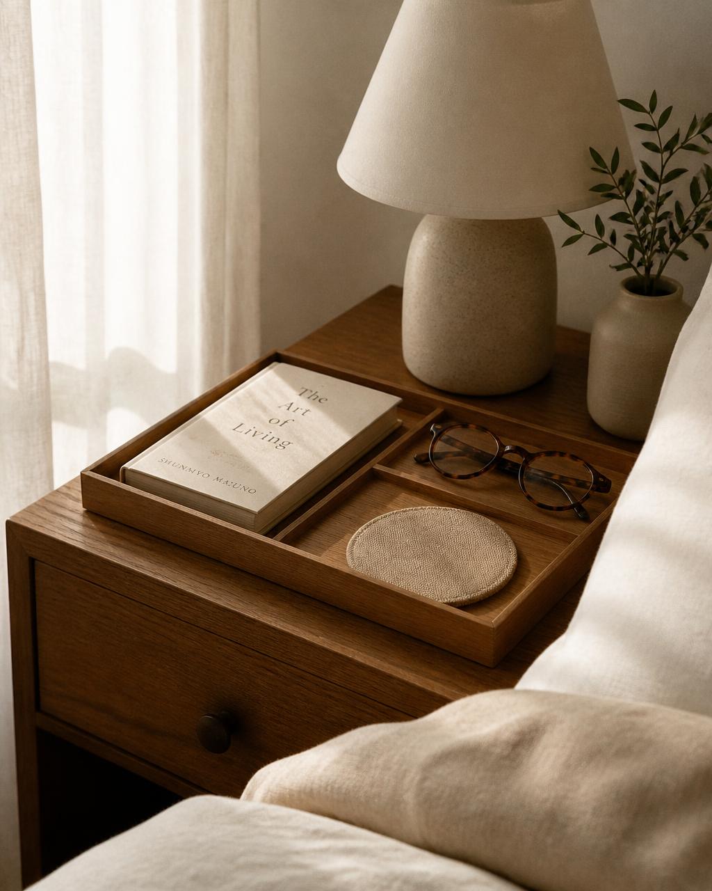 A bedside tray that simplifies mornings