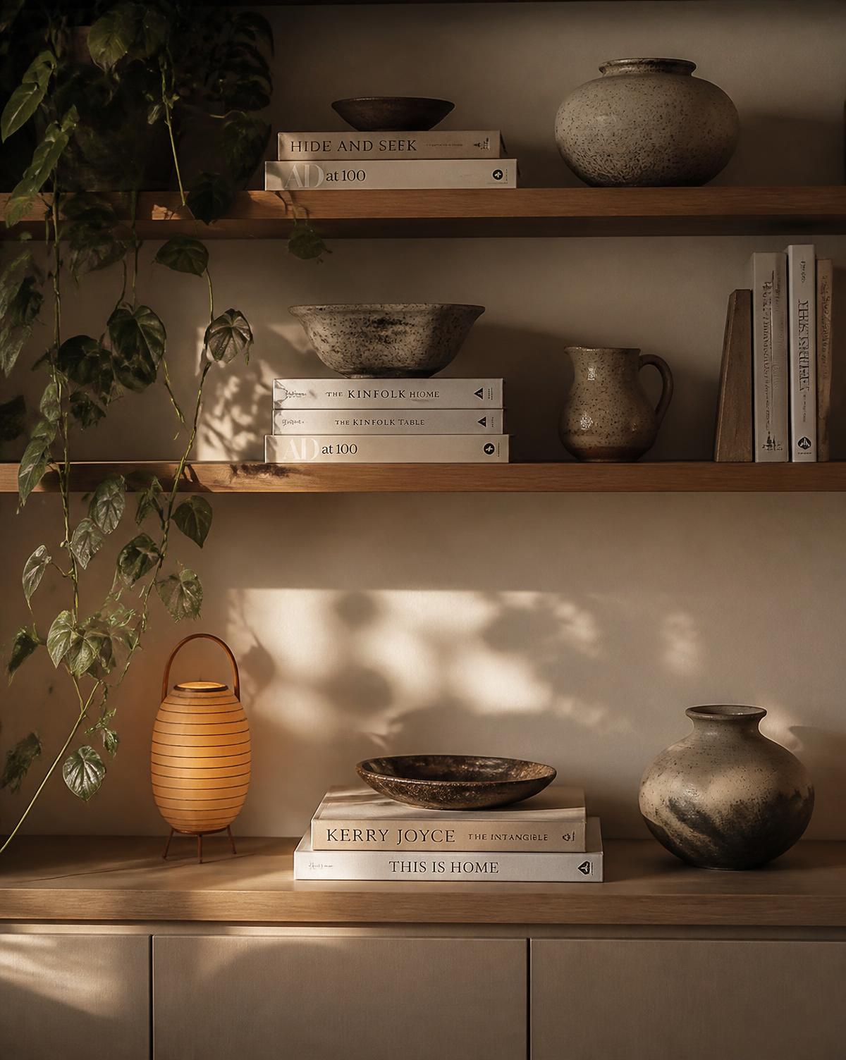 Oak shelves with stoneware, books, a trailing plant and a warm lantern